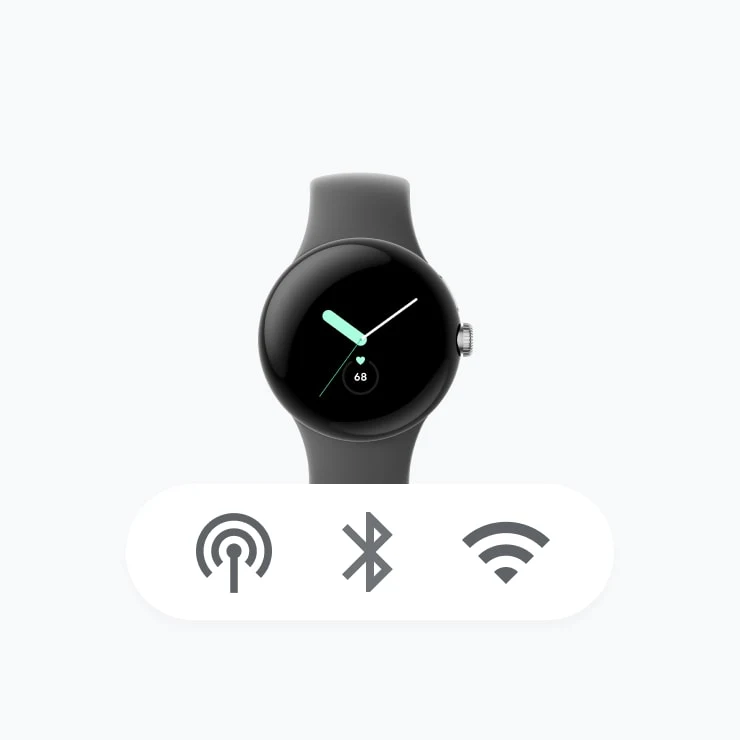 Front of Google Pixel Watch with icons for 4G LTE, Bluetooth and Wi-Fi