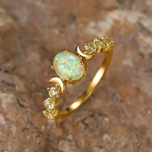 Title 5, Oval White Opal Moon Ring Retro