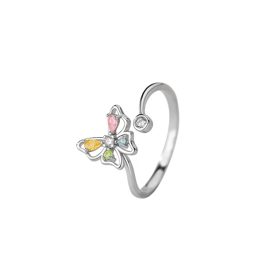 Adjustable butterfly ring for women, featuring hollow-out design, colorful zircon stones, and diamond accents, a creativ