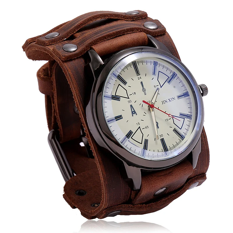 Vintage Rindsleder Uhr Persönlichkeit Armband für Herren im Punk Stil. Verstellbar, für einen individuellen Look und hohen Tragekomfort.