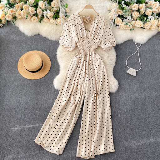 Title 1, Puff Sleeve Waist Slimming Long Wide Leg One Pi...