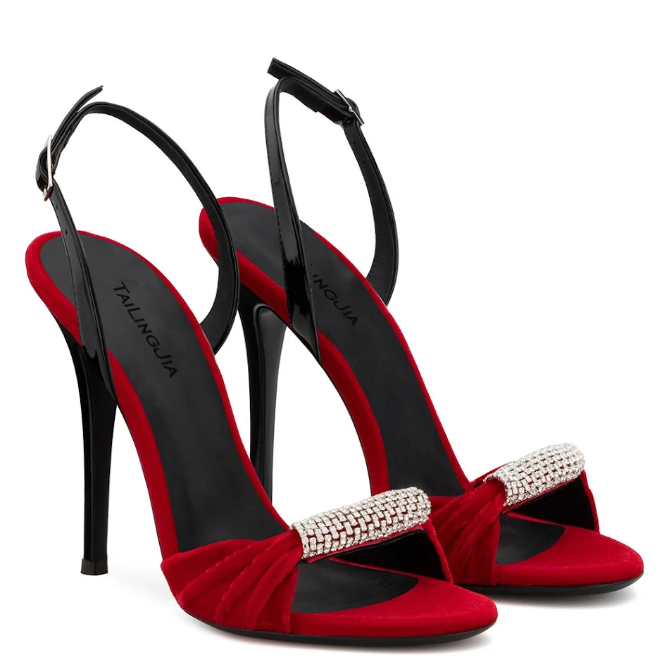 Sandalias de tacón súper alto con pedrería de terciopelo negro y rojo, estilo europeo y americano, perfectas para eventos especiales.
