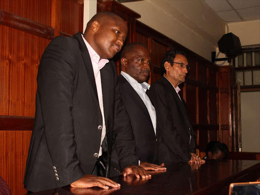 Nandi Hills MP Alfred Keter, Arthur Sakwa and Madat Saburali Chatur at Milimani law courts on Monday, where they were charged with conspiracy to defraud CBK.They were each released on a cash bail of Sh2 Million each / /COLLINS KWEYU