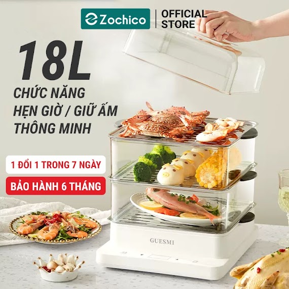 Nồi Hấp Điện 3 Tầng Đa Năng, Dung Tích 18L, Công Suất 800W, Có Chức Năng Hẹn Giờ Và Đặt Lịch Hấp Thông Minh Zochico