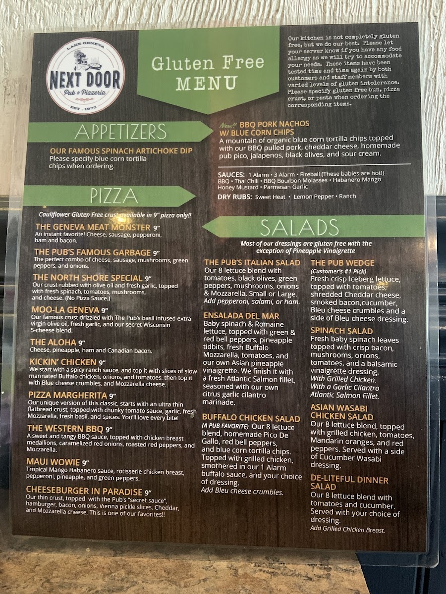 Next Door Pub & Pizzeria gluten-free menu