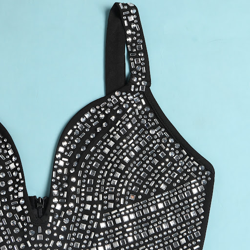 Title 6, Womens See-through Deep V Rhinestone Jumpsuit