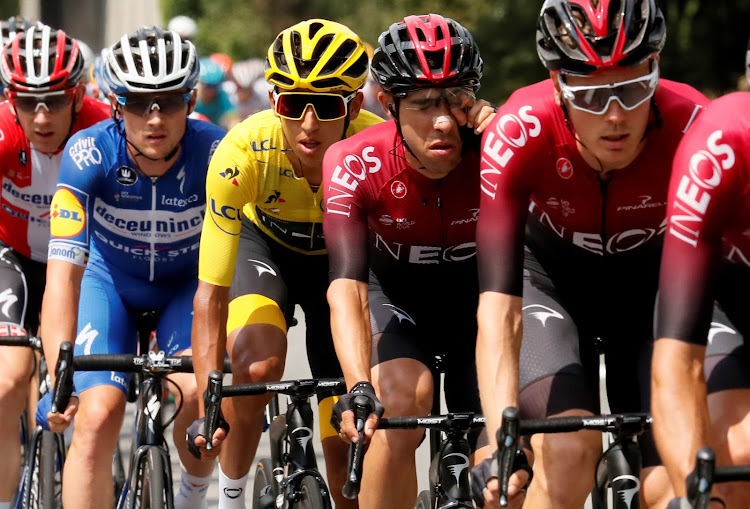 Team INEOS rider Egan Bernal of Colombia, wearing the overall leader's yellow jersey, in a past race