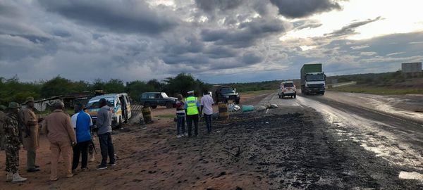 Police officers at the scene of accident along Nairobi - Garissa highway at Kanyonyoo area in Machakos County on Sunday, April 23, 2023.