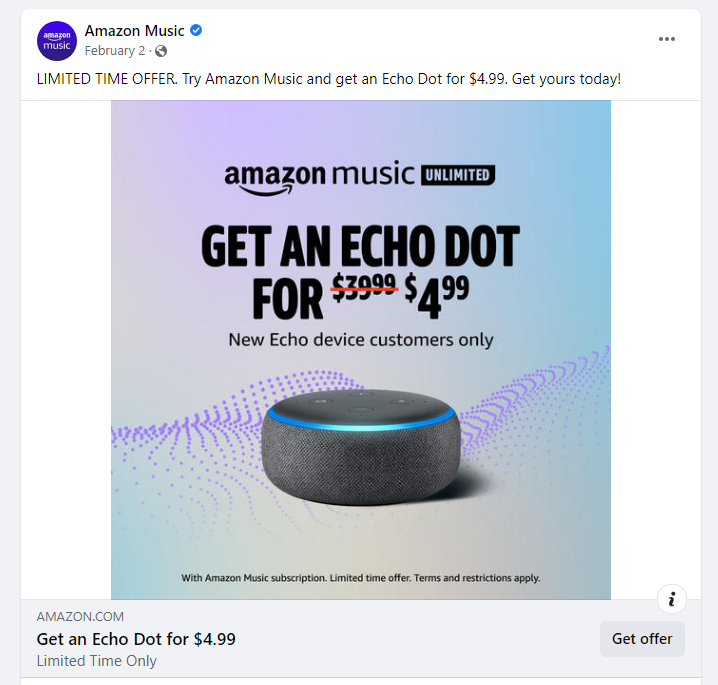 Amazon music creating a sense of urgency with their Facebook Ad