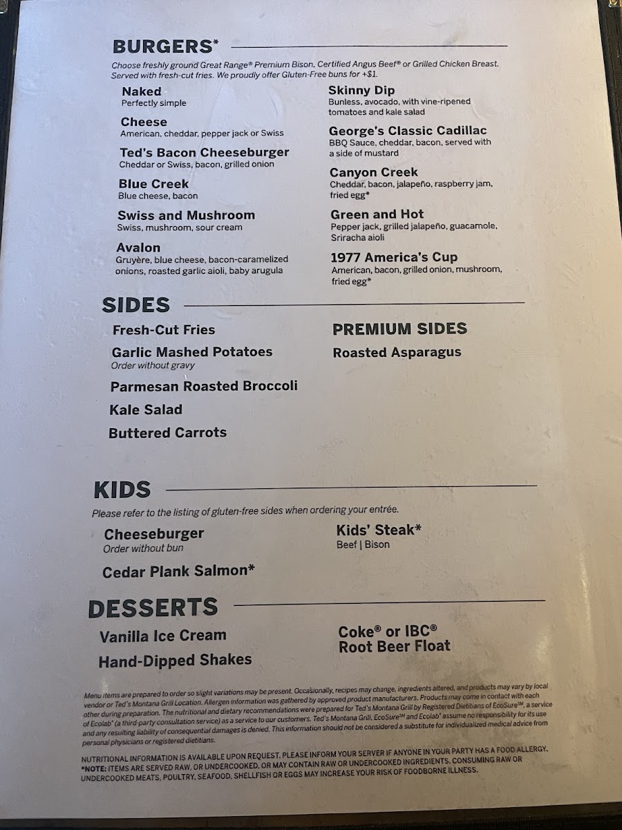 Ted's Montana Grill gluten-free menu