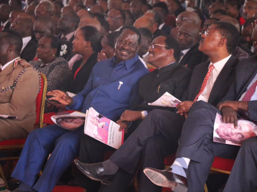 Cord co-principals Raila Odinga, Kalonzo Musyoka and Moses Wetang'ula during the burial ceremony of late Cabinet minister William Ntimama in Narok, September 1, 2016. /COURTESY