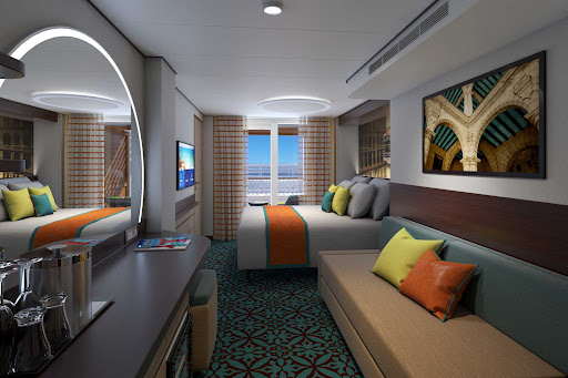 A look at a Havana Cabana forward view exterior balcony aboard Carnival Jubilee. 