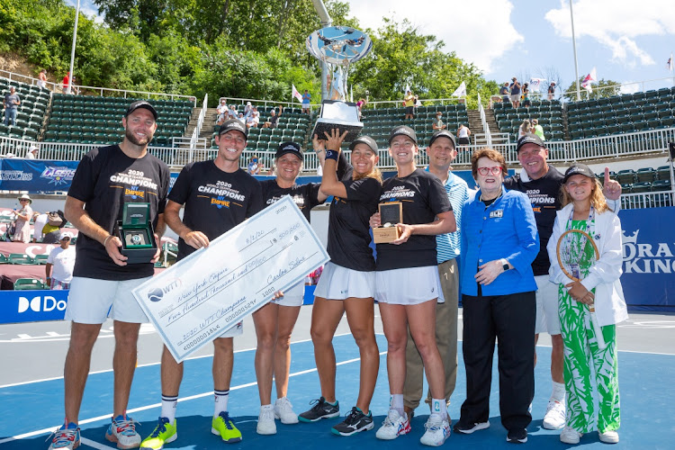 Billie Jean King (second from right) with New York Empire's Jack Sock, Neal Skupski, Nicole Melichar, Kim Clijsters and Colleen Vandeweghe after the World TeamTennis tournament at The Greenbrier, White Sulphur Springs, West Virginia on August 2, 2020