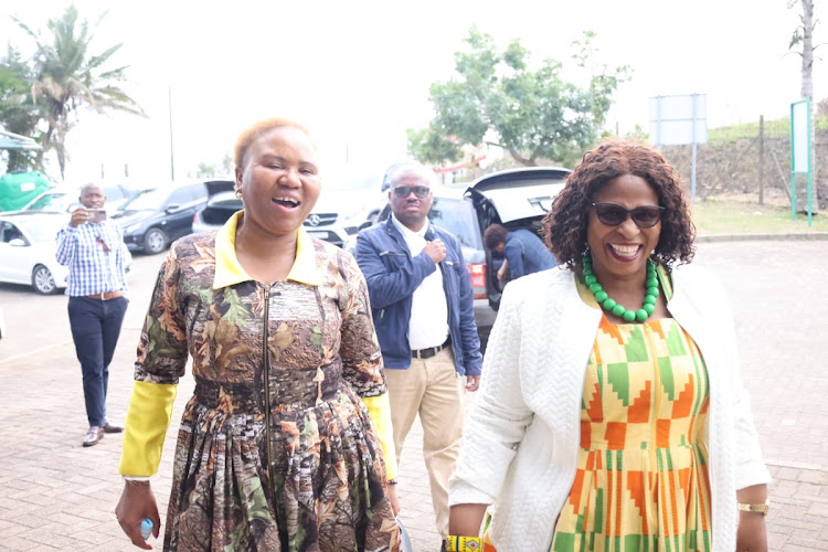 Social development minister Lindiwe Zulu (left) and KwaZulu-Natal social development MEC Nonhlanhla Khoza outside the Mariannridge community hall in Pinetown on Monday.