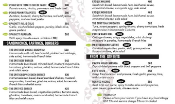 The Spot, Pondicherry menu 