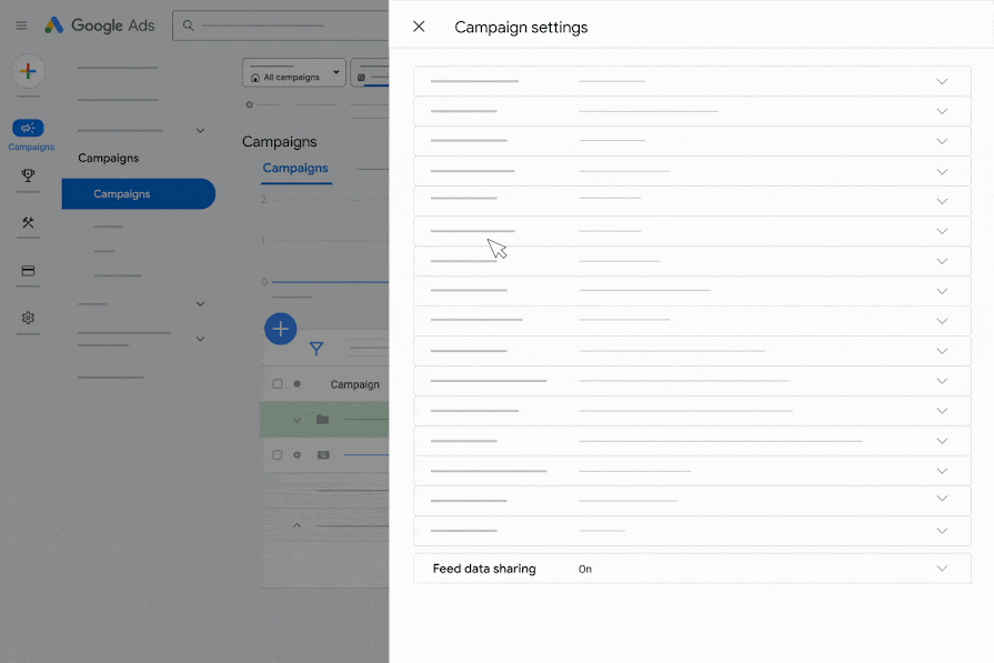 An illustration showing navigation to the feed data sharing options using Campaign settings.
