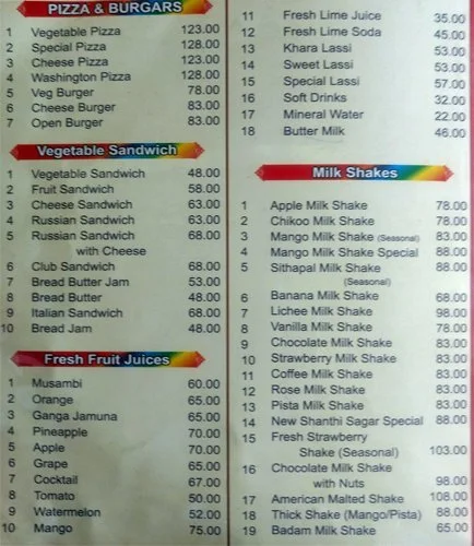 New Shanthi Sagar menu 