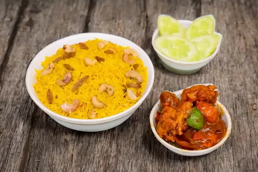 Basanti Pulao With Chicken Butter Masala [3 Pieces] And Salad