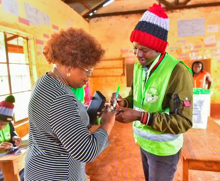 Water Cabinet secretary Alice Wahome has her finger inked after casting her vote during the by-election to elect her successor on Thursday, January 5.