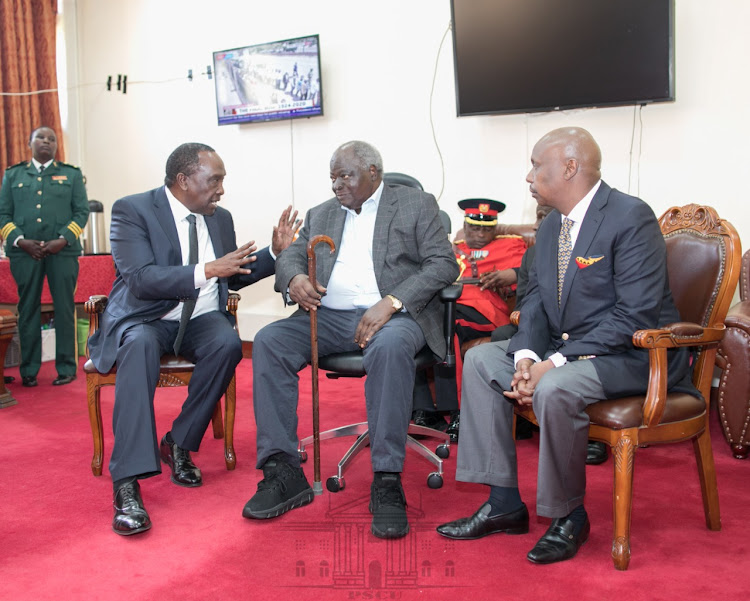 Rongai MP Raymond Moi, former President Mwai Kibaki and Baringo Senator Gideon Moi on February 9, 2020