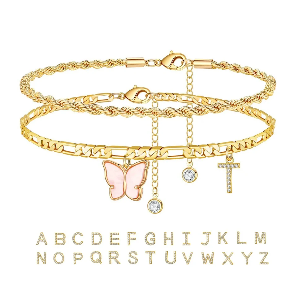 Dames voetsieraden met 26 letters, vlinder, dubbele laag, gestapeld, voor een elegante en trendy uitstraling.