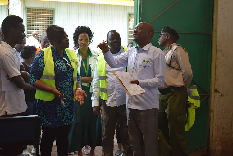 Homa Bay Governor Gladys Wanga, Nyando MP Jared Okello and Homa Bay NCPB manager Saul Asiago at the depot in Homa Bay town on April 27,2024