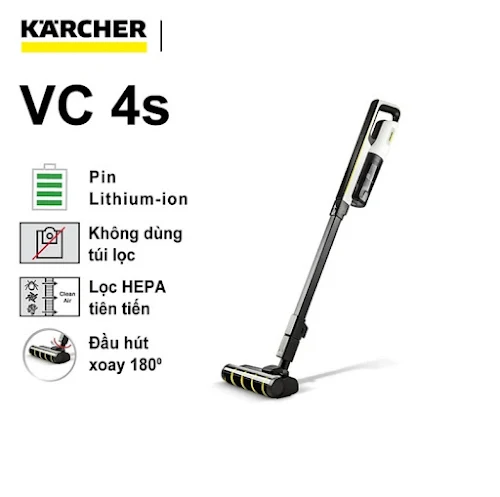 Máy hút bụi cầm tay Karcher VC 4s, Máy hút bụi dùng pin 18V Lithium-ion có 3 mức độ điều chỉnh, hoạt động tối đa 60p, độ ồn thấp