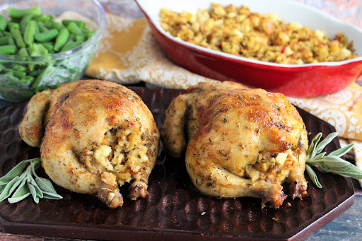 Cornish Game Hens With Stuffing on a serving platter.