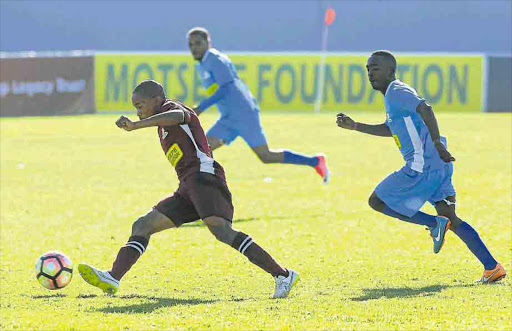 EC Bees hat-trick hero Bongani Chikila, seen here on the attack against Mainstay United in their ABC Motsepe playoff at Sisa Dukashe, has been a revelation for his goalscoring talents Picture: SIBONGILE NGALWA