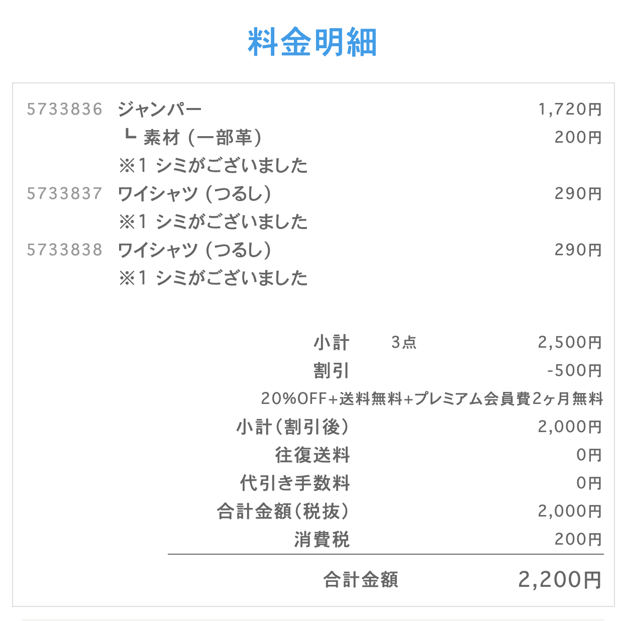 実際頼んだ料金が表示されます