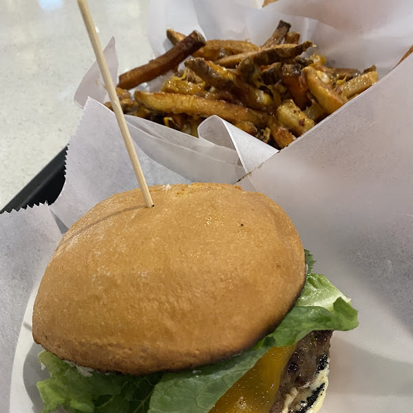 All American burger on gluten free bun and ranger fries