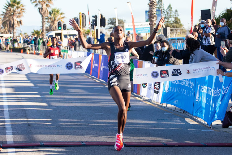 Kenya’s Brillian Kipkoech claims the win at the Nelson Mandela Bay Half Marathon Championships incorporating the SA Half Marathon Championships on Saturday.