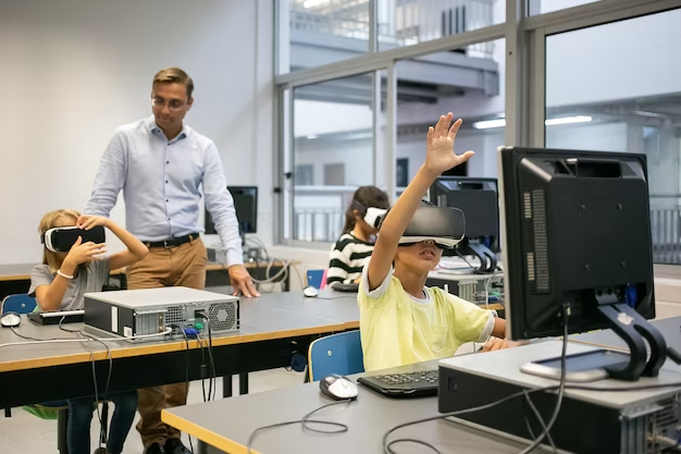 Group of children in virtual reality headsets and a teacher