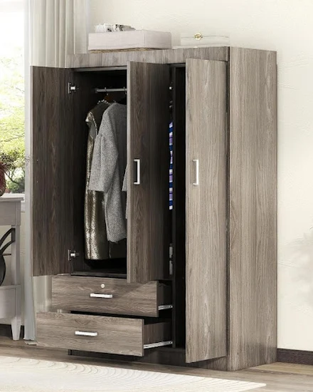 3 Door Wardrobe Cabinet Closet with Storage Drawers, Shel... - 0