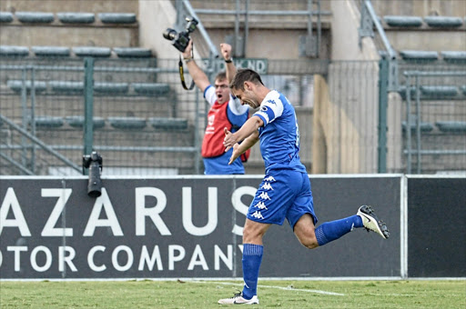 Dean Furman of SuperSport celebrates his goal with teammates during the Absa Premiership match between SuperSport United and Polokwane City at Lucas Moripe Stadium. Picture Credit: Gallo Images