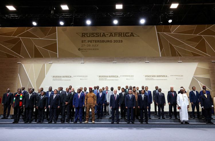 Russian President Vladimir Putin and participants of the Russia-Africa summit pose for a photo in Saint Petersburg, Russia, July 28, 2023.