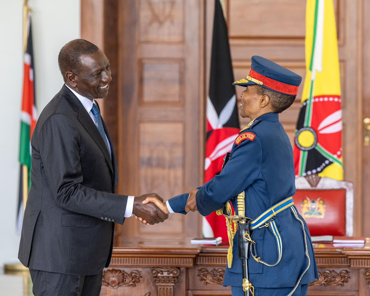 President William Ruto with new Kenya Airforce Commander Major General Fatuma Ahmed during the swearing in ceremony at State House, Nairobi, on May 3, 2024.