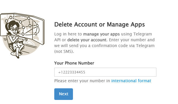 Delete telegram account phone number input.