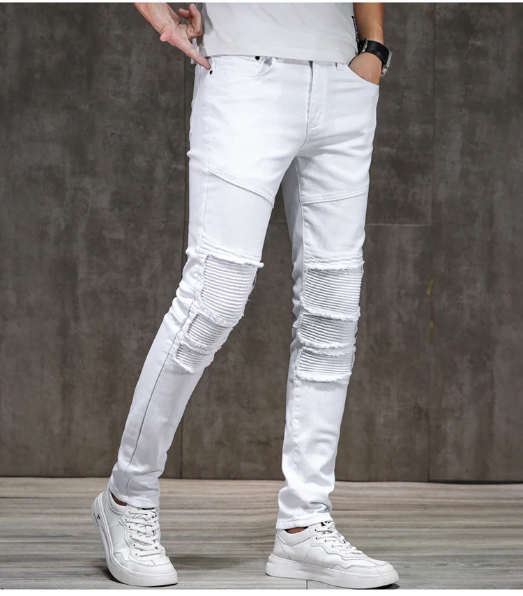 Muške moto farmerke sa rupama i krpljenjem, rastegljive, slim fit. Pantalone za motore sa stilom i udobnošću.