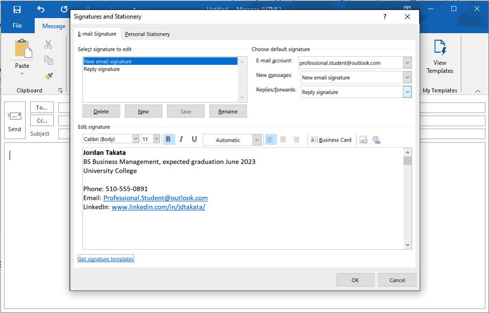 Screenshot showing the popup window for a signature in Outlook with a signature that includes a name, major, expected graduation, college, phone number, email, and LinkedIn link