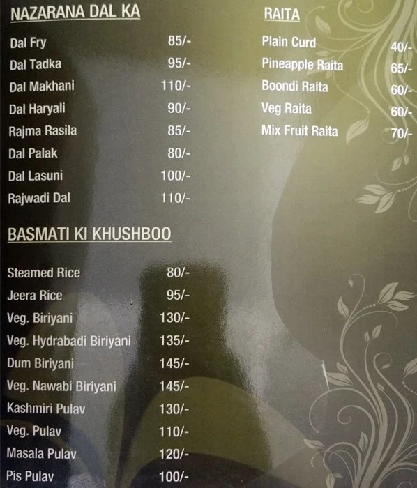 Platinum Restaurant menu 