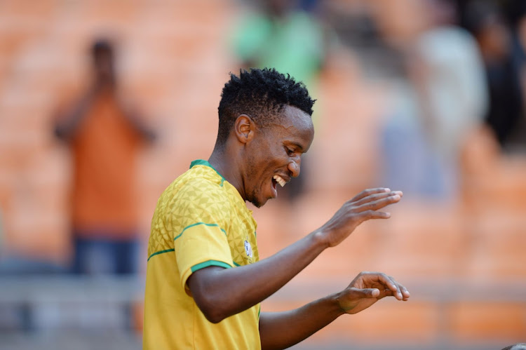 Bafana Bafana player Themba Zwane celebrates his goal during the international friendly match against Sierra Leone at FNB Stadium on September 24 2022.