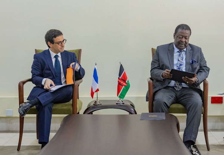 Prime Cabinet Secretary Musalia Mudavadi in a meeting with Minister for Europe and Foreign Affairs of the French Republic to Kenya Stéphane Séjourné on April 6, 2024.