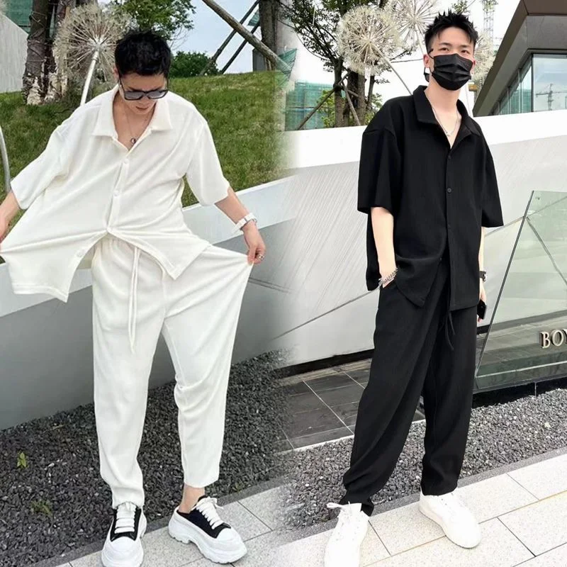 Herren Casual Zweiteiler Hemd mit Falten und Hose lockere Passform angenehmes Textur-Set für Stil