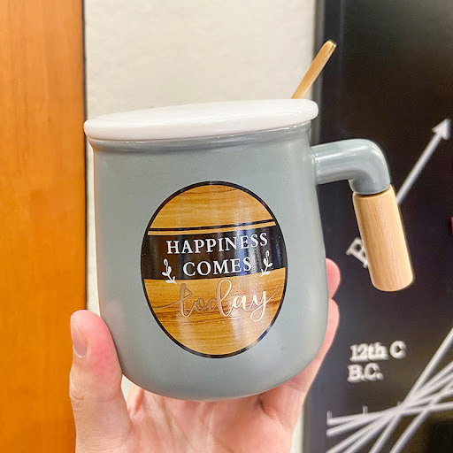 Title 1, Retro wooden handle ceramic cup with lid and sp...