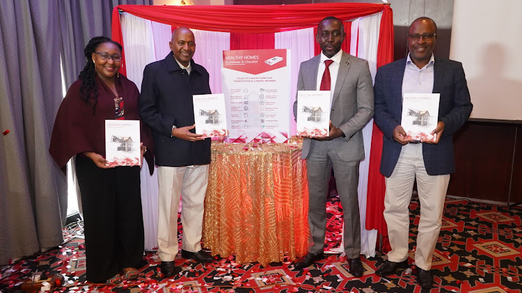 Former AAK president Mugure Njendu, PS State Department of Public Works Solomon Kitungu, AAK president Arch Wilson Mugambi and NCA chairman QS Daniel Gaitho during the launch of the Healthy Homes Guidelines and Checklist developed by AAK and Habitat for Humanity International on Saturday, November 18, 2022