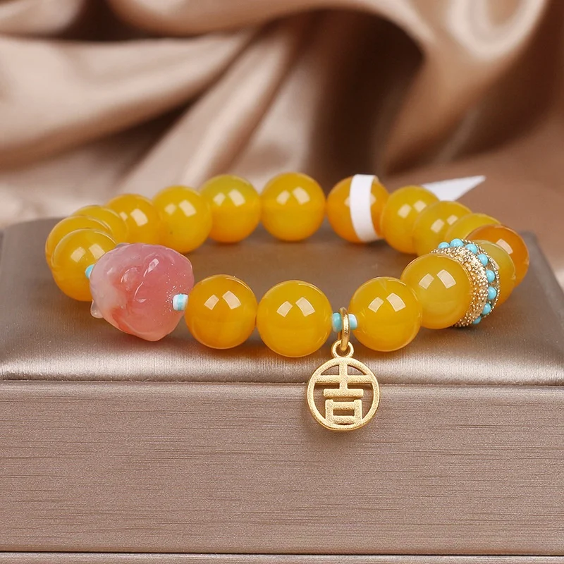 Bracelet boule cercle unique en agate jaune naturelle accessoire vintage pour un look intemporel et élégant, bijou femme.