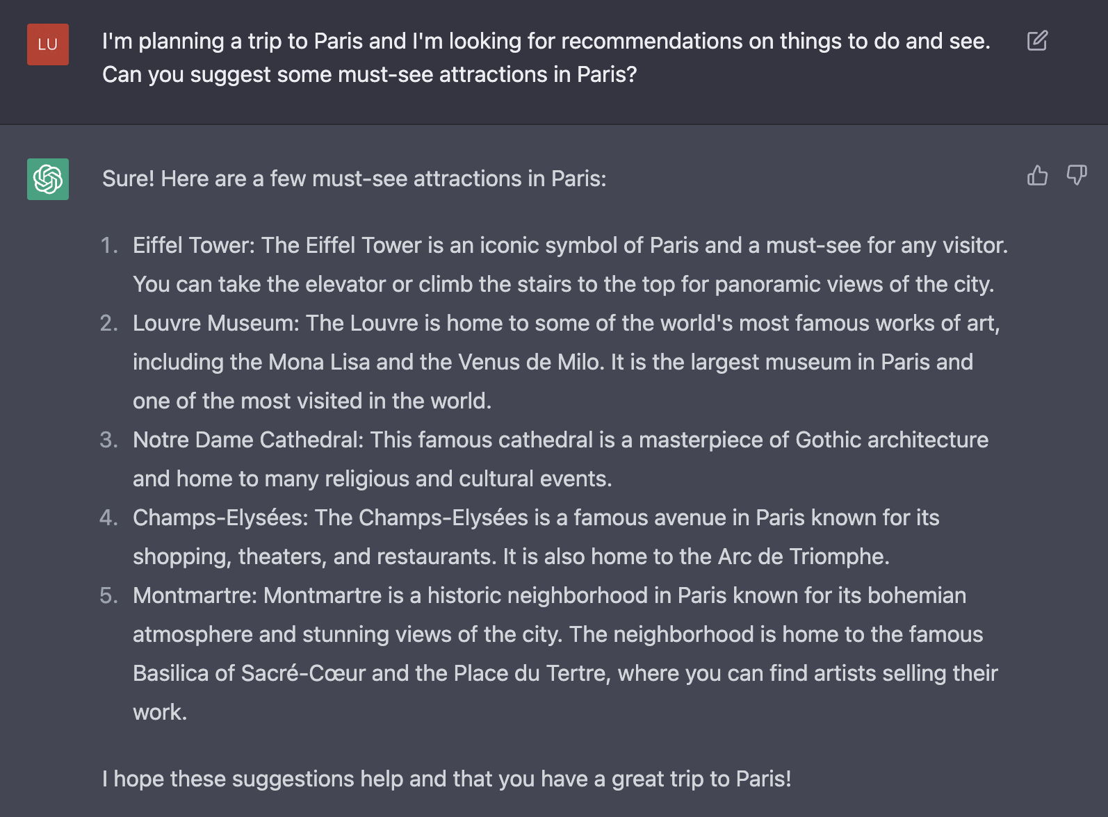 ChatGPT on must-see attractions in Paris