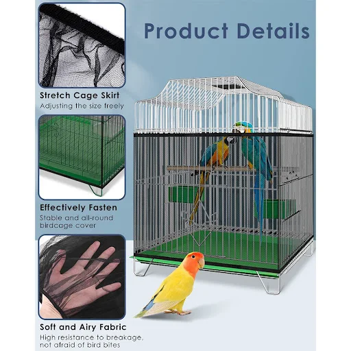 SWEETHOME PET Parrot Bird Cage Cover Adjustable Universal Breathable Stretch Mesh Skirt Dustproof Net Cover Cage Guard