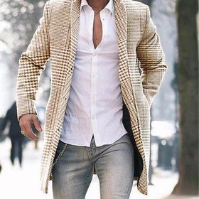 Title 6, Mens Plaid Warm Mid-Length Coat with Stand-Up ...